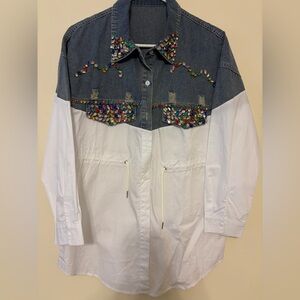 Embellished Denim Shirt with Colorful Gems